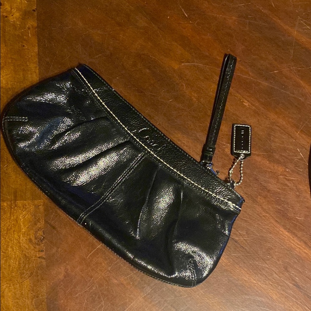 Coach Patten Leather Black Wristlet with Blue Interior